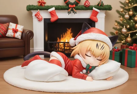1girl, ((solo)), best quality, ultra-detailed, extremely detailed, perfect anatomy, masterpiece, score_9, score_8_up, score_7_up, Expressiveh, sand cat \(kemono friends\), 1girl, cat girl, cat ears, blonde hair, short hair, cat tail, christmas tree, christmas decoration, christmas ornaments, underneath Christmas tree background, indoors, santa cosplay, santa outfit, santa hat, santa's sack, Christmas outfit, giant sack of presents, fully clothed, Christmas themed thighhighs, thighhighs, elbow gloves, bowtie, santa's sack of presents, red ribbon collar, Christmas presents, Christmas themed, living room, fireplace, (chibi), cute, adorable, closed eyes, sleeping, smiling, laying on side, side view, tail_accessory, mistletoe_on_tail, mistletoe, closeup,