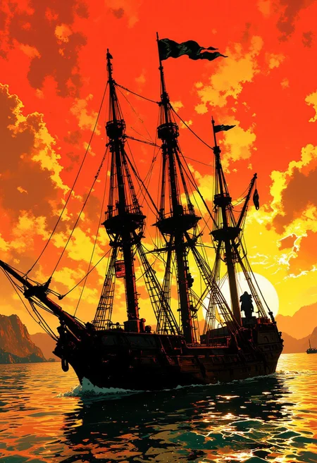 nistyle, inksketch of a pirate galleon, sunset, silhouetted, chiascuro