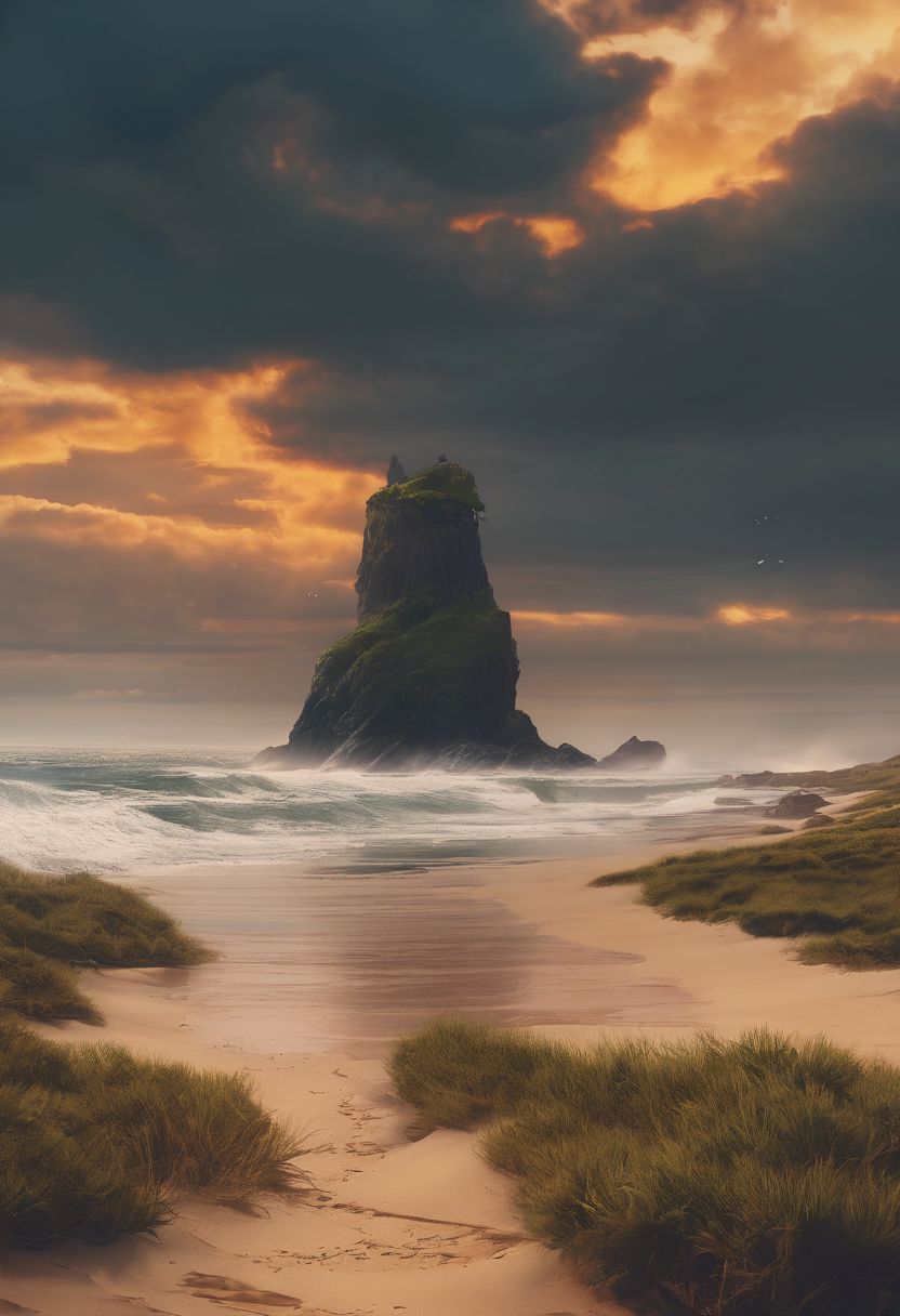 rough ocean storm atmospheric, hyper realistic, 8k, epic composition, cinematic, octane render, artstation landscape vista photography by Carr Clifton & Galen Rowell, 16K resolution, Landscape veduta photo by Dustin Lefevre & tdraw, 8k resolution, detailed landscape painting by Ivan Shishkin, DeviantArt, Flickr,orange sky,thunder,rain, rendered in Enscape, Miyazaki, Nausicaa Ghibli, Breath of The Wild, 4k detailed post processing, artstation, rendering by octane, unreal engine  ar 16:9