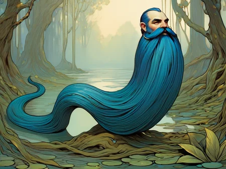 art nouveau style, Harry_Dwarf, long blue beard. braided moustache, gold bangles and jewellery, in a swamp, <lora:Harry_Dwarf:1>, elegant, decorative, curvilinear forms, nature-inspired, ornate, detailed