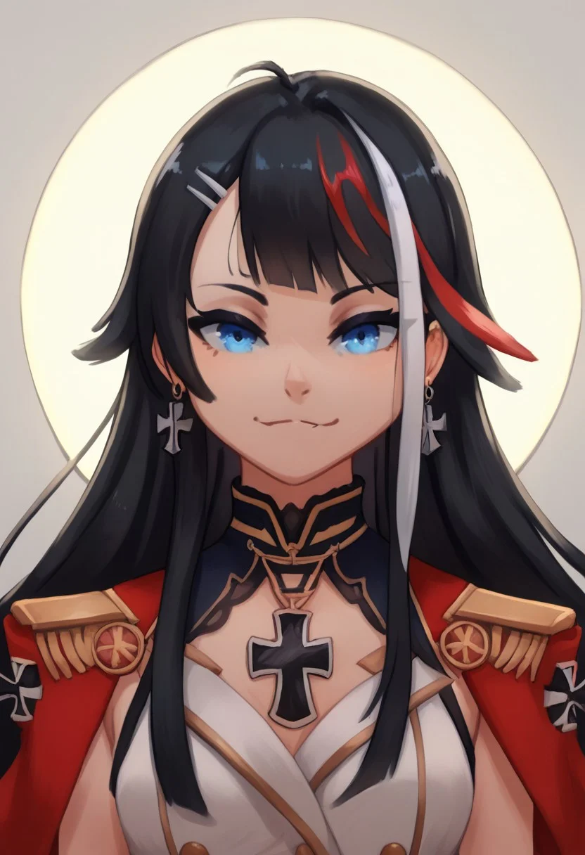 score_9, score_8_up, best quality, seraziel, Black Hair, Long hair, Streaked Hair, Multicolored Hair, Blue Eyes, 1girl, very aesthetic, masterpiece, 8k, mood lighting, cinematic lighting, volumetric lighting, dark eyelashes and eyeliner, perfect eyes, deutschland (azur lane), royal, gold trim, iron cross, earrings, looking at viewer