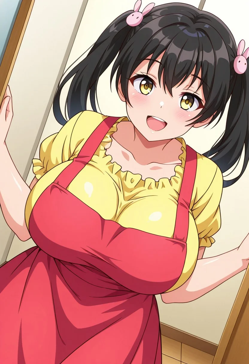general,highres, ultra-detailed,very aesthetic,best quality ,best hands,best eyes,easynegative,
dynamic anglre, dutch angle, anime cloring,
1girl solo,looking at viewer,smile,bedroom, open mouth, standing,
Cocoa,black_hair, twintails, hair_ornament, yellow_eyes, huge_breasts,smock,