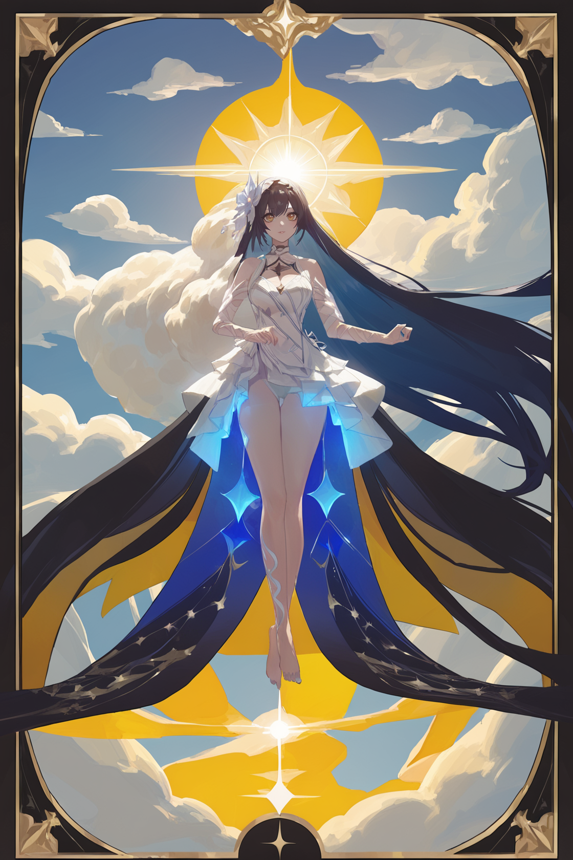 (by nanoless, by misumi \(macaroni\):0.25), 
original, normal_quality, (by xilmo, by modare, by reoen:1.1), (hyperrealistic:1.1), (high_contrast:1.1), (holy_(\theme\):1.2), (card_\(theme\):1.1), solo, long hair, fur trim, large breasts, (golden-color-scheme:1.1), character card, abstract sun, floating cloud pattern, thick line, 
<lora:xierssyy-atw-Tanger:0.7>, xier, shengsi, first clothes, white dress, hair ornament, hair flower, 1girl, long hair, barefoot, very long hair, black hair, multicolored hair, breasts, floating, dynamic pose, 
<lora:neg101-000008:0.5>, murals, holy light, mural sun, simple white background, angels come, card border, frame pattern,