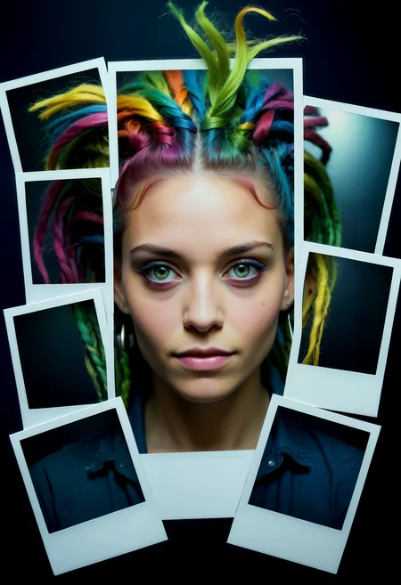 polaroid photos, poluzzle closeup of a beautiful woman, with rainbow dreadlocks, dark moody atmosphere, dark lighting, beautiful eyes, polaroid photos, collage, cinematic, dark atmosphere<lora:poluzlle:1> poluzzle, polaroid photos, RAW Photo, ultra detailed