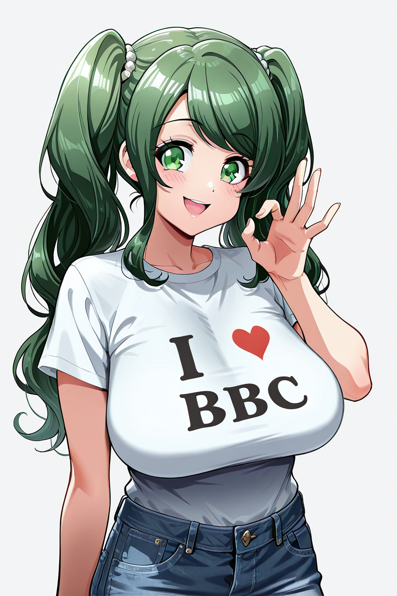 masterpiece, best quality, amazing quality,
1girl, smile, pretty, sagging breasts, fellatio gesture, denim,
<lora:BBCshirt_IL:1> bbcshirt, bbc text on shirt,
<lora:Esora_IL:1> esora, 1girl, green eyes, green hair, twintails