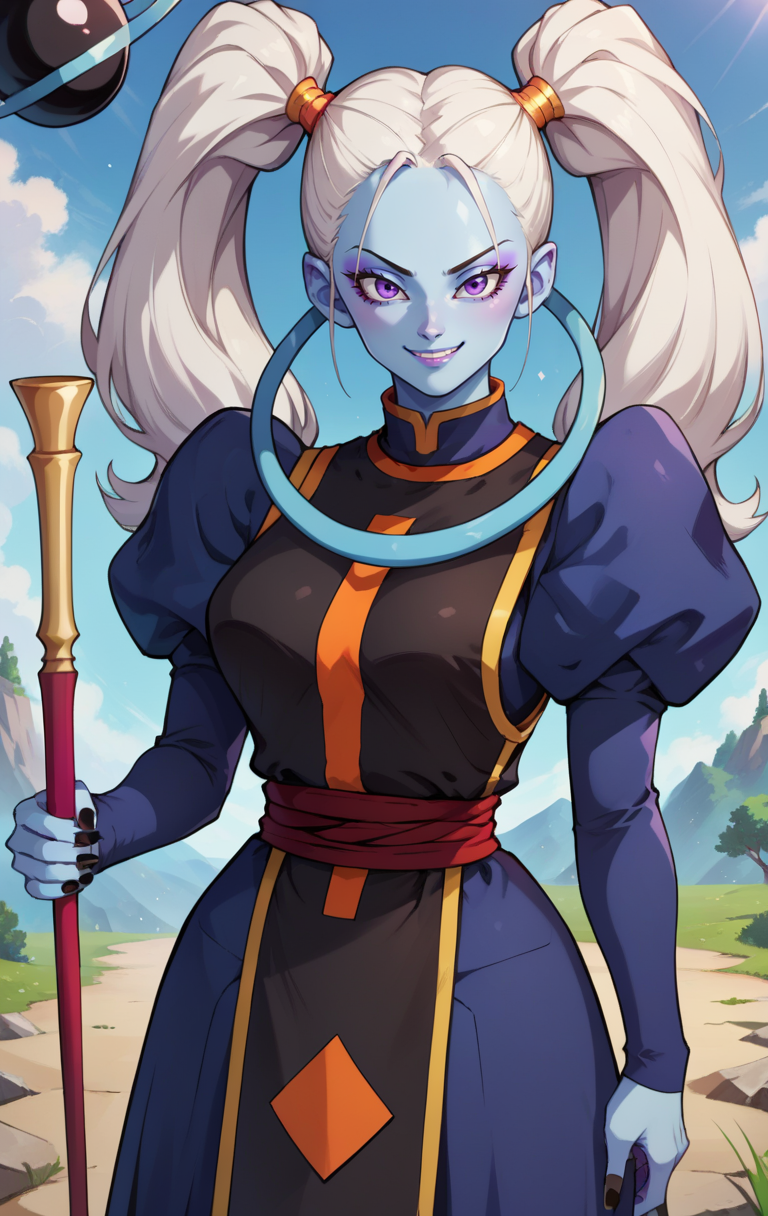 score_9, score_8_up, score_7_up, BREAK  <lora:marcarita:1> marcaritaSDXL, 1girl, solo, long hair, looking at viewer, smile, long sleeves, holding, twintails, jewelry, cowboy shot, white hair, puffy sleeves, purple eyes, makeup, colored skin, juliet sleeves, staff, black nails, arm behind back, holding staff, blue skin, hair pulled back