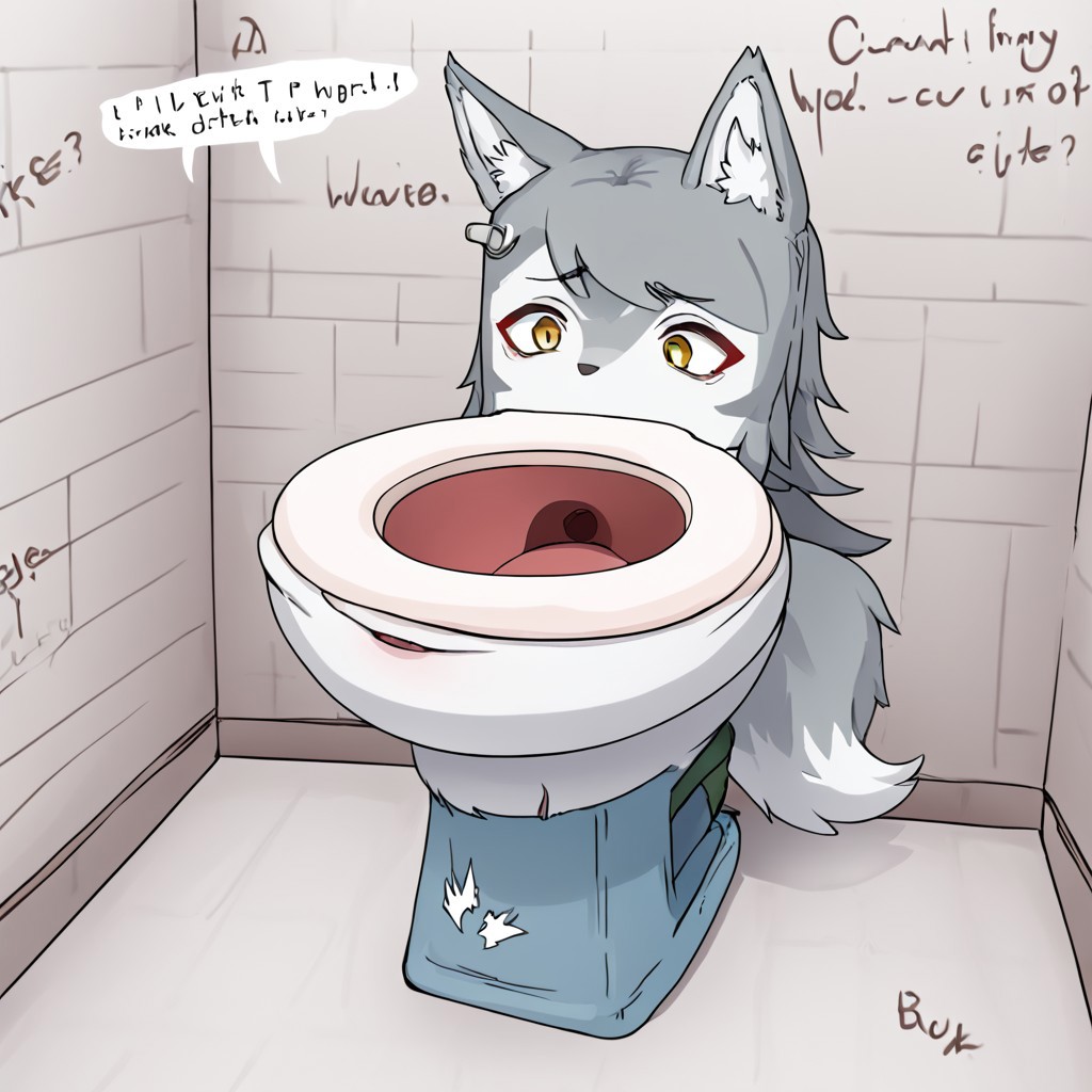 Toilet tf, 1girl, furry wolf, grey furr, wolf tail, wolf ears