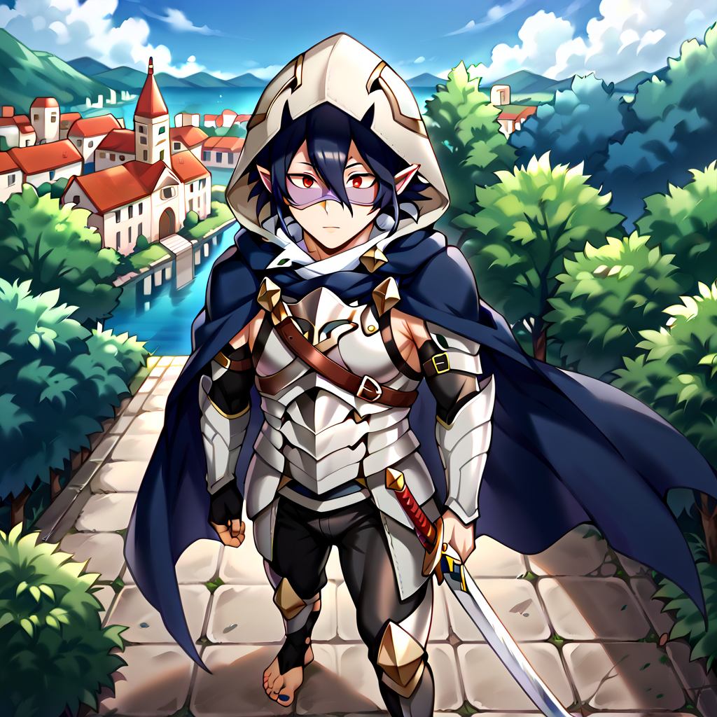 masterpiece, best quality, sharp aliasing, highly detailed, Quality, High Definition, Full Body View, <lora:EPfeCorrinPony:1>EPfeCorrin, blue cape, armour, black gloves, black pants, wearing pants, outdoors, day, stone ground, tree, bush, buildings, barefoot, toeless legwear, armoured legwear, stirrup legwear, 5 toes <lora:Amajiki_Tamaki__Pony:1>Tamaki Amajiki, pointy ears, red eyes, dark blue hair, hair between eyes, hood, mask, male, male body, sword, standing <lora:feet_anime_pony_v2:1>feet, dark blue toenails