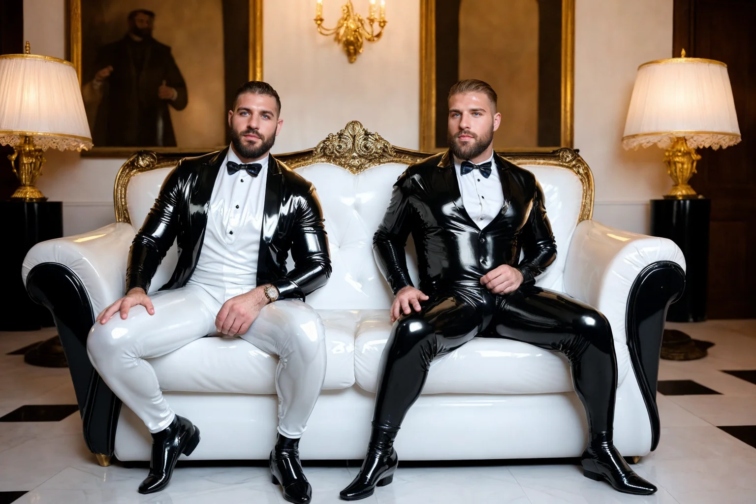 a photo of two large muscular men looking at each other,male model,sitting on a leather sofa,wearing tuxedo,full body,baroque hallway,marble floor,paintings,chandelier deep shadows,cinematic lighting,dark,detailed background,bulgerk-soft,
BREAK 30 years old man,Italian,black hair,beard,shiny tight (white latex:1.5) tuxedo,bare chest,bulge,((wide shoulders, large pectorals)),full body,dress shoes,
BREAK 20 years old man,athletic Swedish hunk,beard,shiny tight (black latex:1.5) tuxedo,blonde hair,blue eyes,((bare chest)),bulge,((wide shoulders, large pectorals)),dress shoes,