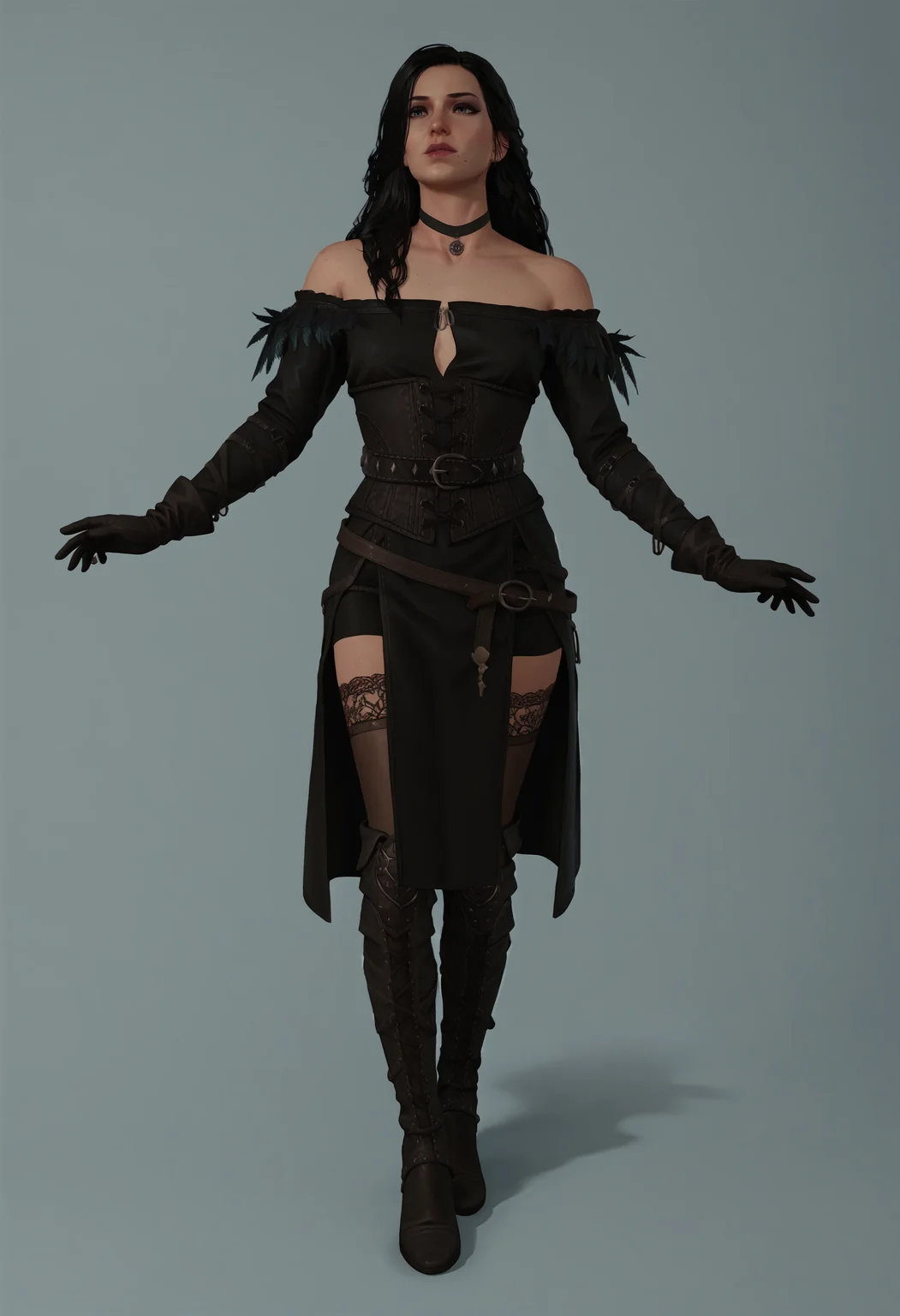 score_9, score_8_up, score_7_up, score_6_up, score_5_up, score_4_up, 1girl, <lora:YenneferDLC:0.85> solo, long hair, black hair, mole, mole under mouth, choker, black choker, bare shoulders, gloves, dress, black dress, belt, thighhighs, boots, jewelry, full body,
(light blue background:1.15), simple background,