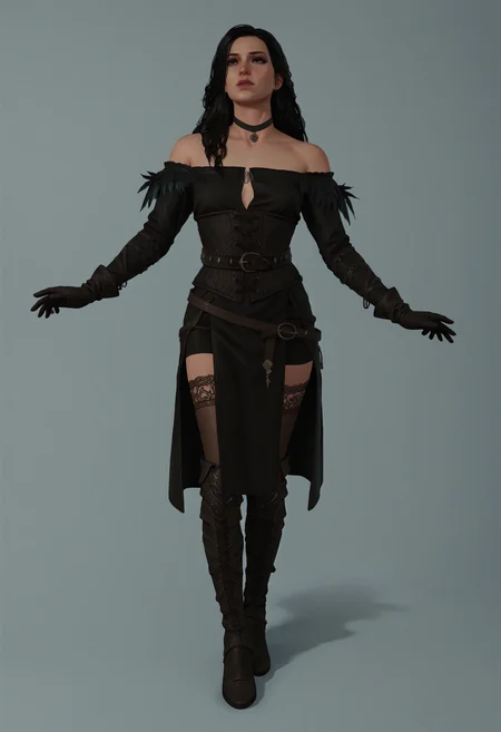 score_9, score_8_up, score_7_up, score_6_up, score_5_up, score_4_up, 1girl, <lora:YenneferDLC:0.85> solo, long hair, black hair, mole, mole under mouth, choker, black choker, bare shoulders, gloves, dress, black dress, belt, thighhighs, boots, jewelry, full body,
(light blue background:1.15), simple background,