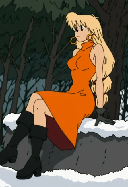 score_9, score_8_up, score_7_up, score_6
woman, tiffany, kangoo,detailed eyes, detailed face, (retro artstyle, 1990s \(style\), flat color, toon \(style\)),1girl, female, dress, solo, female,black eyes, breasts, outdoors, red dress, snow, tree, signature, medium breasts, sleeveless dress, boots, black footwear, sleeveless, orange dress, closed mouth, bare shoulders, full body, body, alternate hair length, long hair, alternate hairstyle, arm support, gloves, sitting,blonde hair