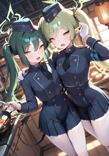 2girls, arm up, blue hat, blue shirt, blue skirt, blurry, demon tail, depth of field, earrings, food, from above, frying pan, garrison cap, gloves, green hair, green halo, halo, hand on another's shoulder, hat, indoors, jewelry, lantern, long hair, looking at viewer, multiple girls, open mouth, pantyhose, pleated skirt, pointy ears, shirt, skirt, standing, standing on one leg, steamed bun, tail, twintails, white gloves, white pantyhose, yellow eyes, BREAK character_concept, cowboy_shot, (dutch_angle:1.25), masterpiece, best quality, amazing quality, very aesthetic, absurdres, modern, recent, newest, <lora:HeroHero_IL_Style_epoch_10:1> H3r0H3r0