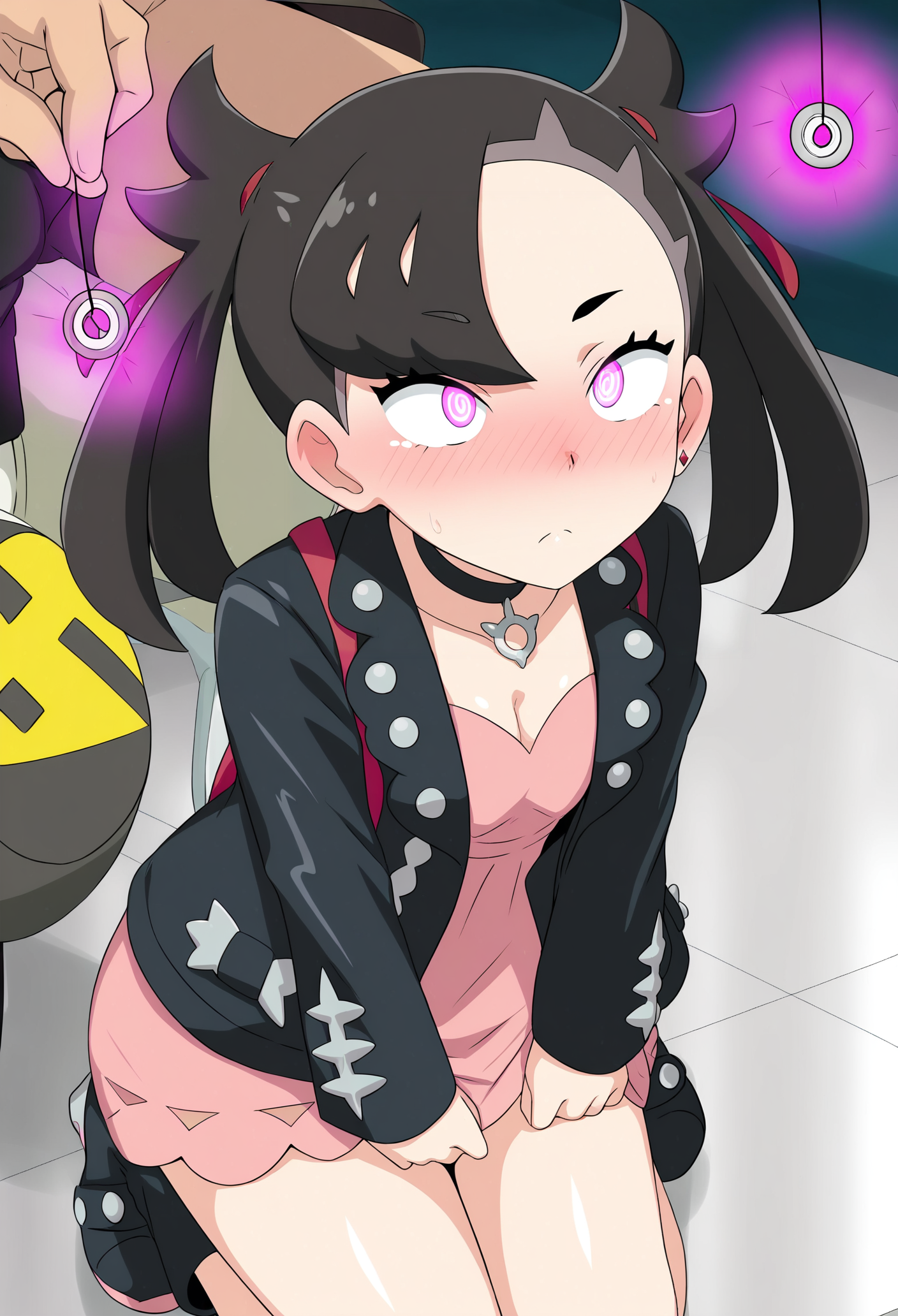 masterpiece,best quality,amazing quality,absurdres,anime screencap,anime coloring,<lora:Hagarza_P Style-IL V1:1>,Hagarza P Style,
1boy,solo focus,
mind control,hypnosis,marnie (pokemon),solo,