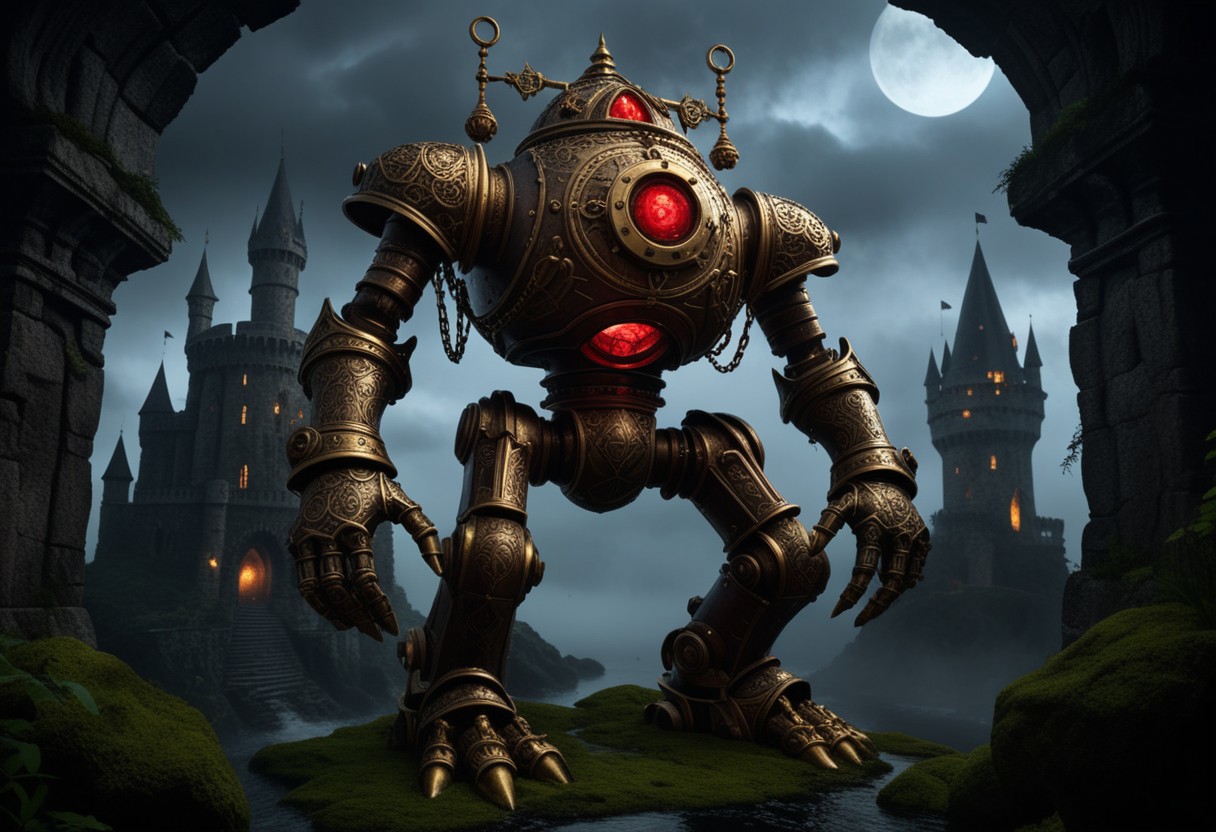 giant bipedal robot brass and dark red, bronze paisley robot. lacy robot metal. diving helmet head. outside of a steampunk keep. large detailed torso. dark image. one forty foot tall ancient robot with great arms and two heavy spring legs. dark foggy night background. $dark foggy night image only. dark photo realistic image. steampunk details. cogs, chains and pipes incorporated in the fantasy buildings. magic wizards tower in background. Dark swamp, moss, castle ruins, wizards tower. stormy dark night.  stormy sky.