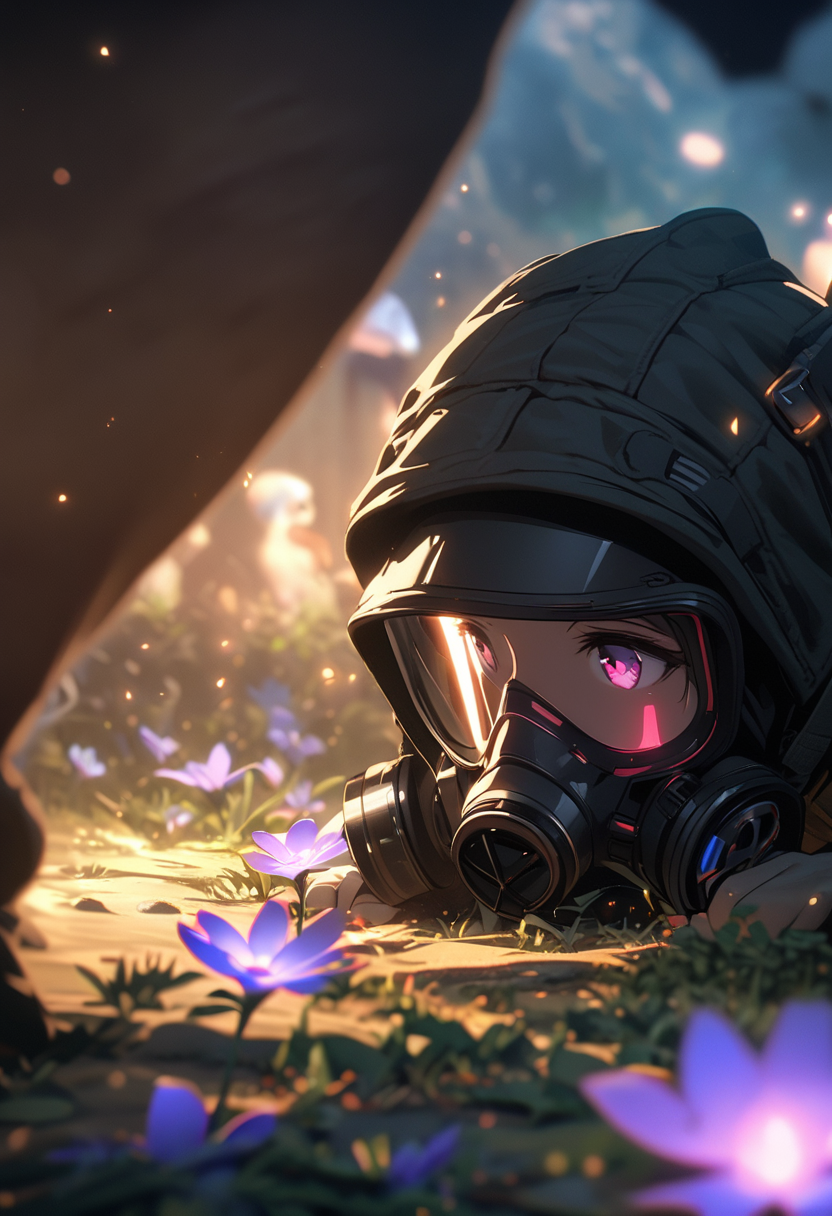 (best quality, 4k), future, 1girl, solo, close-up, from front, all fours, looking at flower, protective clothing, searching for traces, footprints, bioluminescent, gas mask, flower, spore, digital engraving, deep glow effect, hdr, light particles, cinematic lighting, depth of field, blurry foreground, ultra highres, absurdres, movie still,