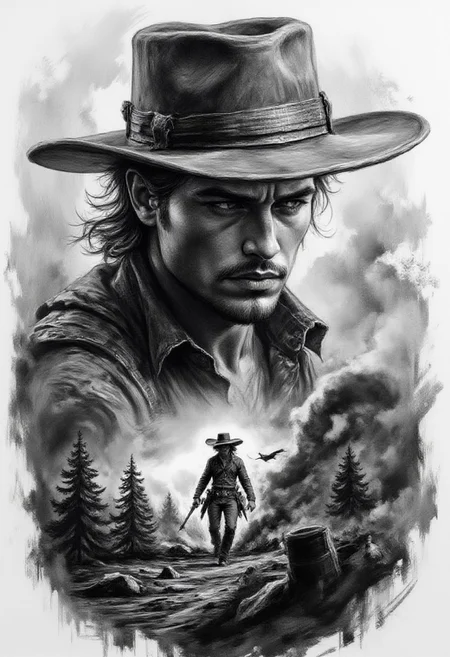 Pencil drawing, black and white, pencil strokes, black pencil shading, charcoal drawing, toned paper, pencil drawing, brutal dark black and white color scheme, Close Up, Masterpiece, 8K, HDR, RGB, Ultra-HD, intricate action shot of a cowboy in a gunfight, cinematic Steve Henderson, Fabian Perez, Henry Asensio, Jeremy Mann, Marc Simonetti, fantasy, Red Dead Redemption 2 atmosphere, cinematic, #photography, buff painting,