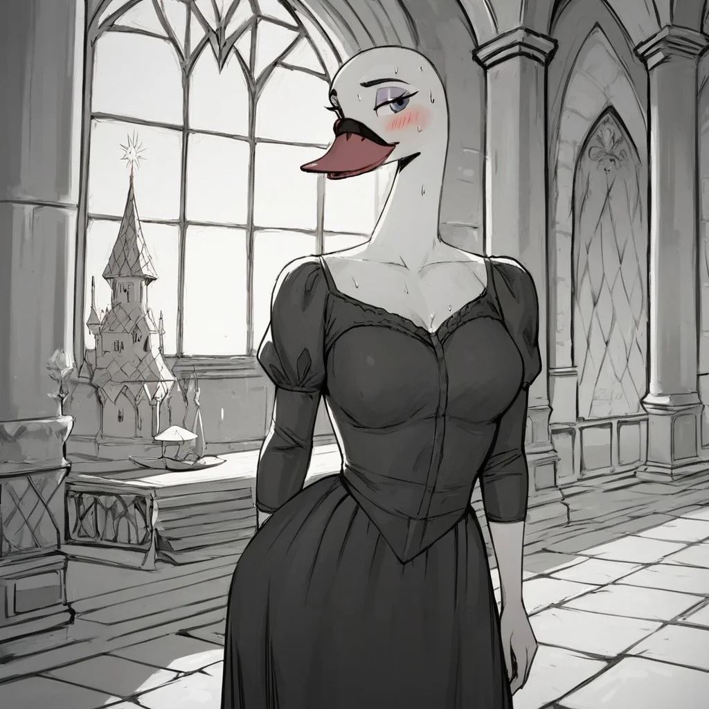 score_9, score_8_up, score_7_up, score_6_up, score_5_up, j_cartoon, highly detailed, ((detailed shaders)), BREAK, Odette, ((Swan)), Black eyes, ((Anthropomorphic swan)), antrum, hairy female, female swan, interior, castle, medieval castle, bright sun, black and white Victorian princess dress, smiling, in the hallways, seductive look, blushing cheeks, sweating, sexy bodysuit woman, medium breasts,