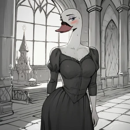 score_9, score_8_up, score_7_up, score_6_up, score_5_up, j_cartoon, highly detailed, ((detailed shaders)), BREAK, Odette, ((Swan)), Black eyes, ((Anthropomorphic swan)), antrum, hairy female, female swan, interior, castle, medieval castle, bright sun, black and white Victorian princess dress, smiling, in the hallways, seductive look, blushing cheeks, sweating, sexy bodysuit woman, medium breasts,