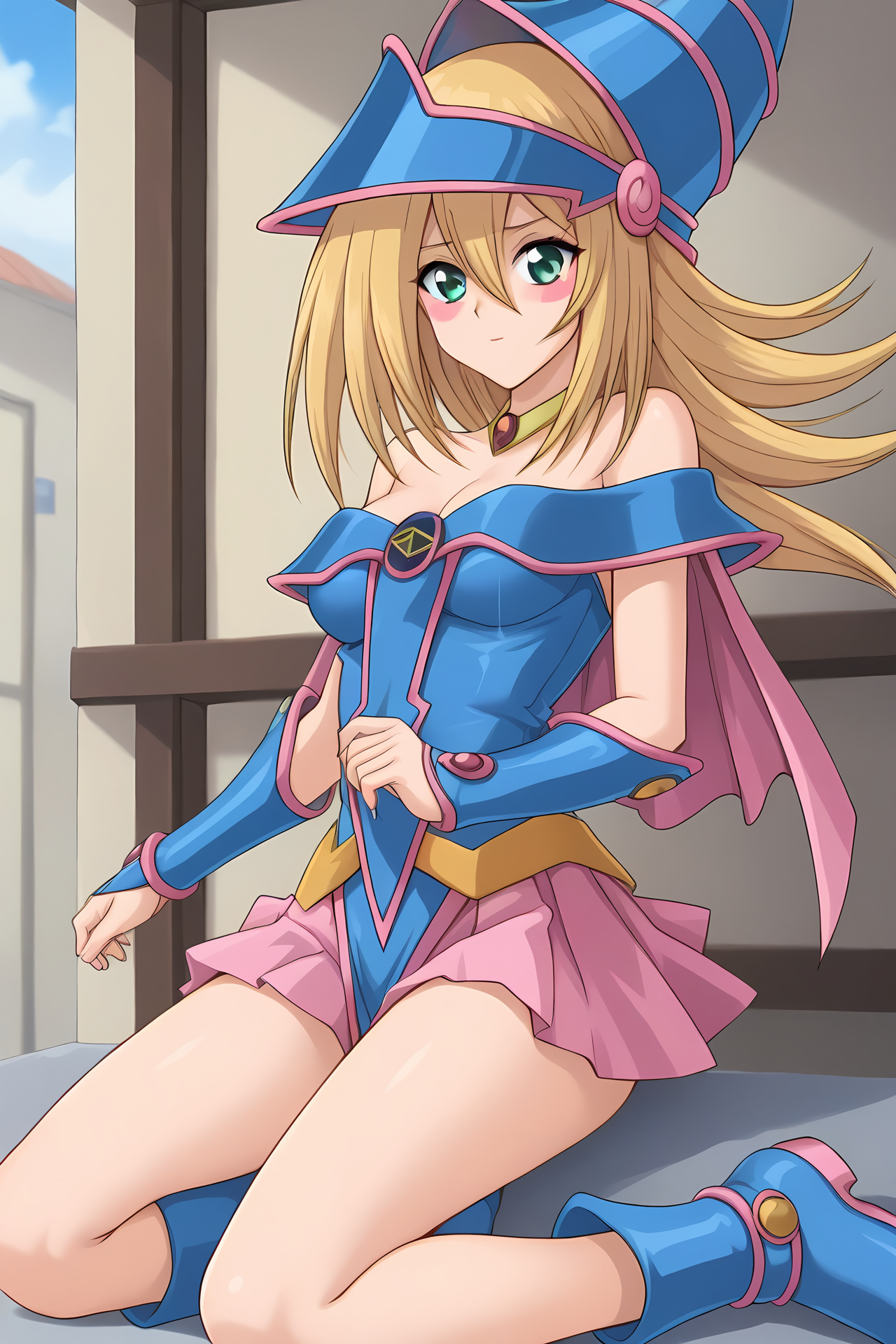(blue hat blue dress pink showgirl skirt pink capelet blue vambraces pentacle blue boots:1.50), 
ygo-dmg, green eyes, blonde hair, bangs, long hair, hair between eyes, sidelocks, [blush stickers],
medium breasts, 1girl, solo, skinny,
BREAK,
(blush:1.10),
BREAK,
(inn:1.30),
BREAK,
(sitting:1.40),
BREAK,
(:1.40),
BREAK,
(source_anime, score_9, score_8_up, score_8, score_7_up), score_7, score_6_up, score_6, score_5_up, score_5, 
<lora:ygo-dmg-V05-000004:0.80>