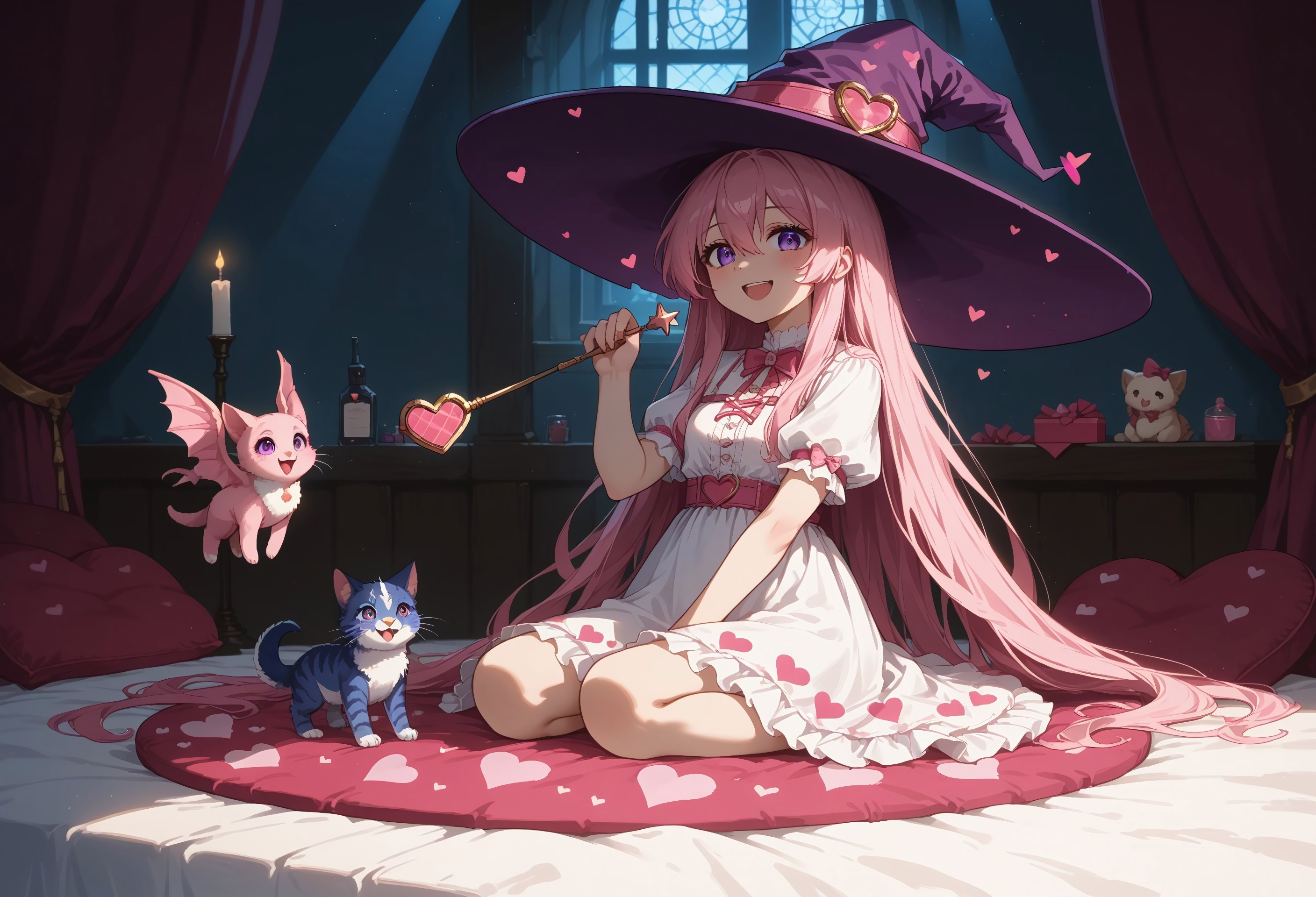 score_9, score_8_up, score_7_up, source_anime, ne0nfant4sy, masterpiece, best quality, very aesthetic, full body, 1girl, 25yrs old, womasn, witch, pink hair, purple eyes, long hair, hair between eyes, very long hair, pink wizard hat, pink and white dress, heart pattern cloche, cute fashion, smiling, mouth open, pink bedroom, sun light rays, contrast lighting, holding a wand, valentines day theme, cute bedroom, love, hearts, passion, cute, 