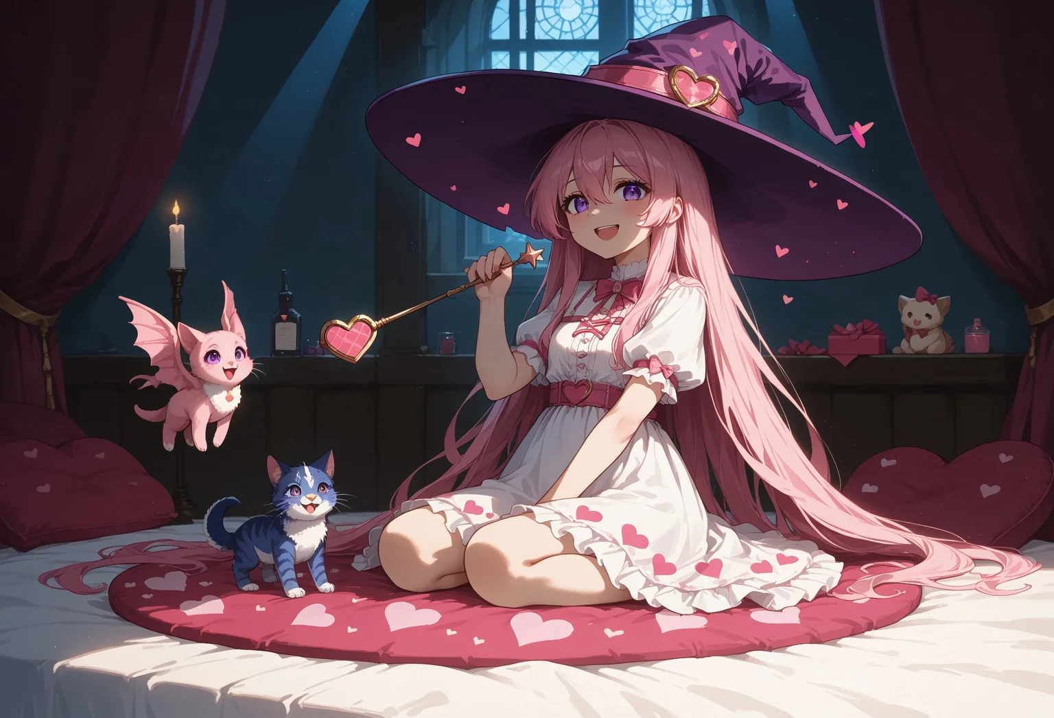 score_9, score_8_up, score_7_up, source_anime, ne0nfant4sy, masterpiece, best quality, very aesthetic, full body, 1girl, 25yrs old, womasn, witch, pink hair, purple eyes, long hair, hair between eyes, very long hair, pink wizard hat, pink and white dress, heart pattern cloche, cute fashion, smiling, mouth open, pink bedroom, sun light rays, contrast lighting, holding a wand, valentines day theme, cute bedroom, love, hearts, passion, cute,