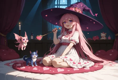 score_9, score_8_up, score_7_up, source_anime, ne0nfant4sy, masterpiece, best quality, very aesthetic, full body, 1girl, 25yrs old, womasn, witch, pink hair, purple eyes, long hair, hair between eyes, very long hair, pink wizard hat, pink and white dress, heart pattern cloche, cute fashion, smiling, mouth open, pink bedroom, sun light rays, contrast lighting, holding a wand, valentines day theme, cute bedroom, love, hearts, passion, cute,