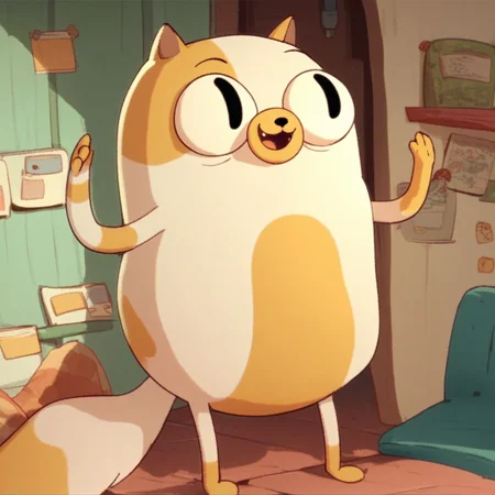 score_9, score_8_up, score_7_up, score_6_up, cakecat, 1girl, female, female focus, anthro, furry female, cat, white fur, yellow spots, white sclera, slit pupils, bushy tail, standing, happy, indoors