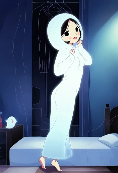 zPDXL3, source_cartoon, Perfect Hands, full body,
1girl, solo, aged down, bedroom, looking at viewer, saoirse, black hair, black eyes, blush, ghost, hood up, robe, barefoot, glowing, dancing on bed, from behind, facing at viewer, feeling cold, eyes open, smile, open mouth, sleeve past wrist, slim body, highlight cloth wrinkle, anime style, kicking, jumping,
<lora:Perfect Hands:1> <lora:Saoirse_-_The_Song_of_the_Sea-000009:1>