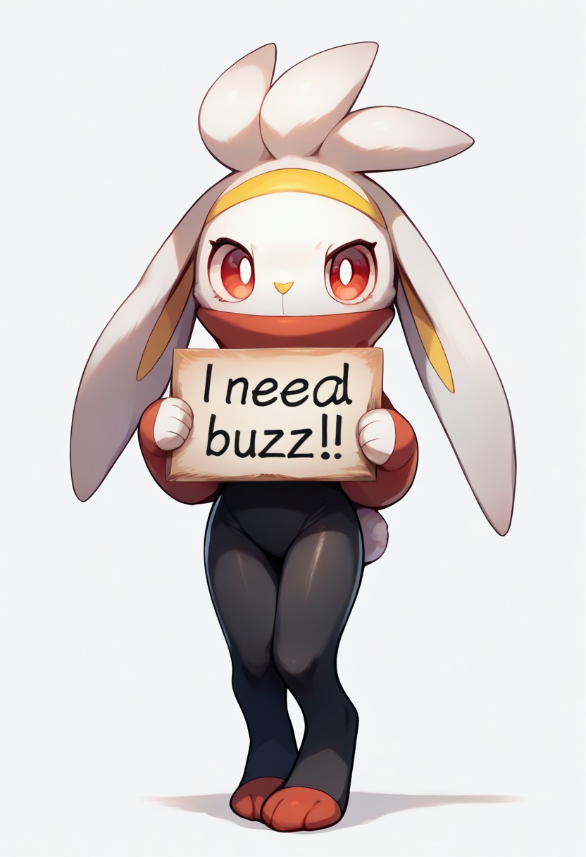score_9, score_8_up, score_7_up, score_6_up, score_5_up, score_4_up, 1girl, full body, solo,
 <lora:Raboot_v0-3:0.8> raboot, pokemon \(creature\), white fur, droopy ears, yellow hairband, rabbit ears, rabbit tail, rabbit feet, red eyes, looking at viewer,
Shoeless, black socks, red feet, from front, covered mouth, spandex suit, red turtleneck, standing, tall girl, legs together, white background, holding sign, need buzz, cute face