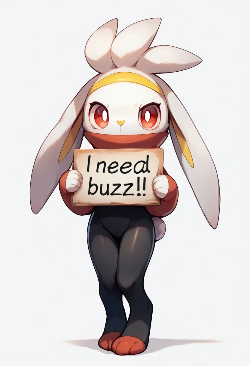 score_9, score_8_up, score_7_up, score_6_up, score_5_up, score_4_up, 1girl, full body, solo,
<lora:Raboot_v0-3:0.8> raboot, pokemon \(creature\), white fur, droopy ears, yellow hairband, rabbit ears, rabbit tail, rabbit feet, red eyes, looking at viewer,
Shoeless, black socks, red feet, from front, covered mouth, spandex suit, red turtleneck, standing, tall girl, legs together, white background, holding sign, need buzz, cute face