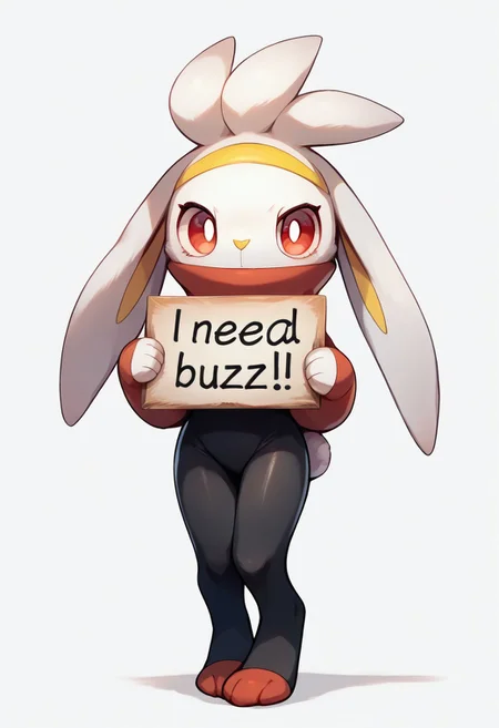 score_9, score_8_up, score_7_up, score_6_up, score_5_up, score_4_up, 1girl, full body, solo,
<lora:Raboot_v0-3:0.8> raboot, pokemon \(creature\), white fur, droopy ears, yellow hairband, rabbit ears, rabbit tail, rabbit feet, red eyes, looking at viewer,
Shoeless, black socks, red feet, from front, covered mouth, spandex suit, red turtleneck, standing, tall girl, legs together, white background, holding sign, need buzz, cute face
