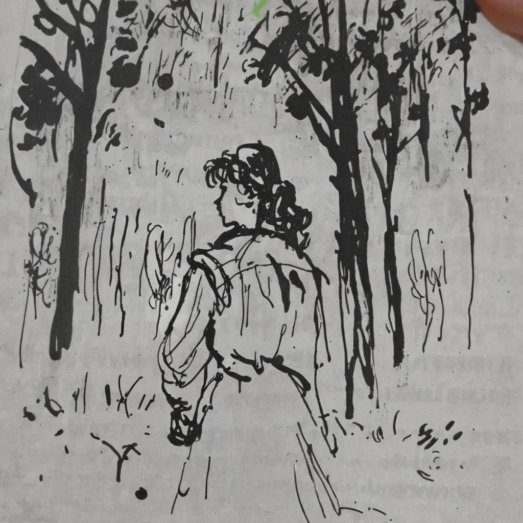 grabianski-sk girl in dark forest, sketch<lora:grabianski-sk:1>
