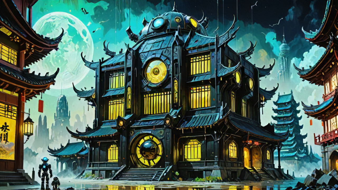 building, <lora:UraniumTechAI:0.6>,     see-through, uraniumtech, architecture of a Folk Binary star, time travel, Impasto painting, and emotion, gothic, Chinese modernism, wide-eyed characters, robotics, expressive, moody, ultrasharp, enhanced quality, magic atmosphere, surreal, background inspired, stunning detail