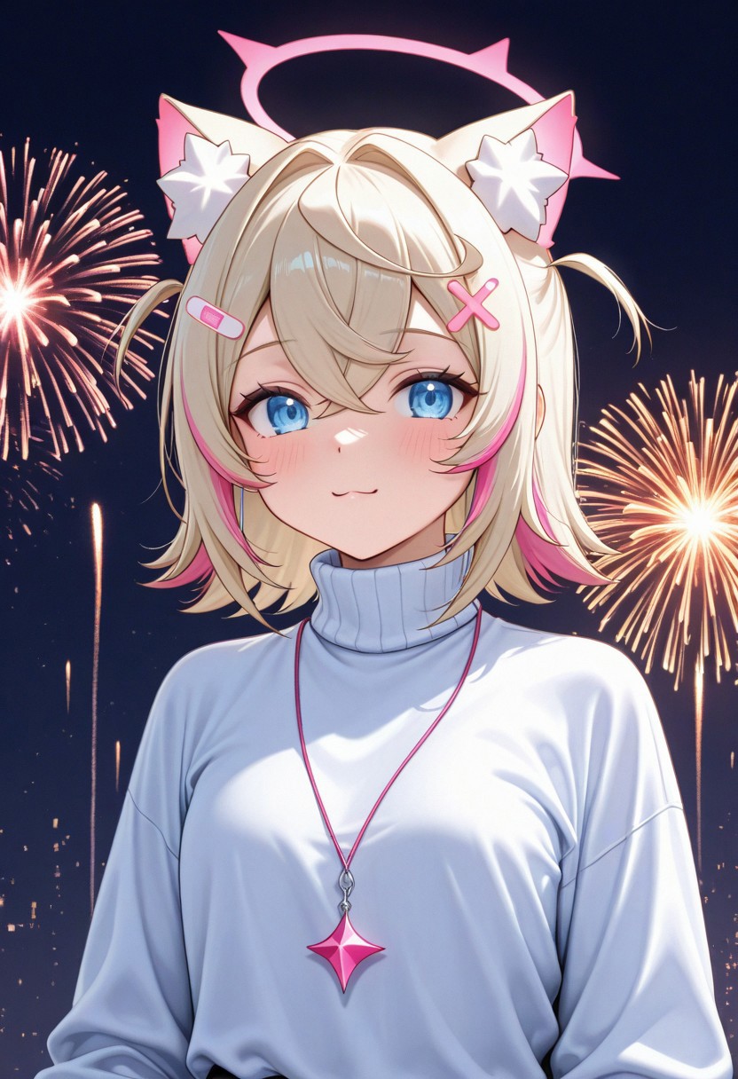 d_up, 1girl, mococo abyssgard, blonde hair, pink hair, blue eyes, earphones, multicolored hair, medium hair, shirt, turtleneck, sweater, long sleeves, turtleneck sweater, jacket, glitch, upper body, abstract background, white shirt, halo, fireworks, looking at the viewer, cute, d2j3m0x
