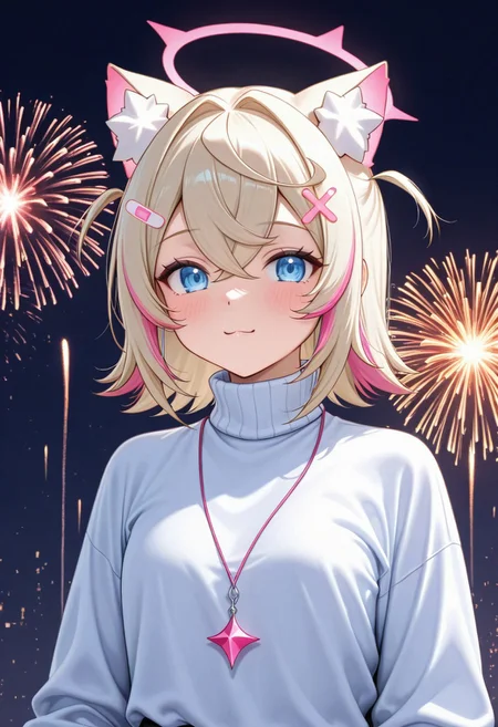 d_up, 1girl, mococo abyssgard, blonde hair, pink hair, blue eyes, earphones, multicolored hair, medium hair, shirt, turtleneck, sweater, long sleeves, turtleneck sweater, jacket, glitch, upper body, abstract background, white shirt, halo, fireworks, looking at the viewer, cute, d2j3m0x