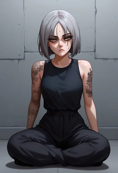 score_9, score_8_up, score_7_up, score_6_up, 1 girl, very light blue hair, almost gray hair, gray eyes, short hair, full body tattoos, t4ts, tattoos, tattoo, gangster tattoos, fit body, slim, medium breasts, sleeveless flannel, white flannel, black sports pants, on the jail, in a prison, sitting, rude face, rude, sitting thoughtful, goth girl, raven from dc, half closed eyes, black bags under her eyes, sexy pose, sweating, sweat body, expresiveH