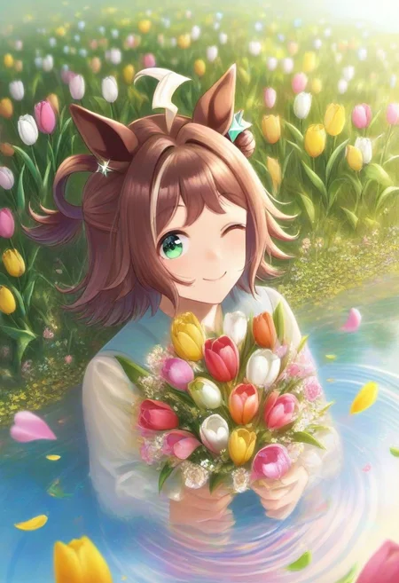 (umamusume, rhein_kraft_(umamusume), horse_ears, horse_girl, tail, 1girl, ahoge, animal_ears,)
casual, Tulip,Tulip flower, Tulip flower_field,
head_wreath, looking_at_viewer, solo, aesthetic, absurdres, symmetric , , g0ldsw0rthy,
(realistic, photo, artistic, medium_hair, one_eye_closed, petals, relaxing, smile, spiralling vortex made of multicoloured tulips, lush foliage sunrise, ripples, reflective, jaynl-tm, rainbow,green_eyes, hair_between_eyes, hair_ornament, : 0.7)