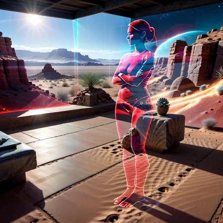 photorealistic, photo of single full body holographic projection of red transparent hologram central american woman looking away with (arms crossed:1.2), desert scene, model, 8k <lora:Transparent_Hologram_Woman_epoch-3-resized:0.85>