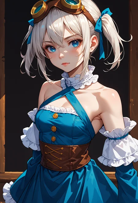 score_9, score_7_up, source_anime, BREAK solo, <lora:Pratty_XL:1> Pratty, blue eyes, short hair, white hair, short twintails, hair through headwear, goggles, brown headwear,, <lora:mxmarina:1> Hair ribbon, frilled choker, criss-cross halter, sleeveless dress, high-waist skirt, backless dress, blue dress, waist blue bow, detached sleeves, frilled sleeves, wide sleeves, blue sleeves, black pantyhose, patterned legwear, pinstripe pantyhose, mary janes,