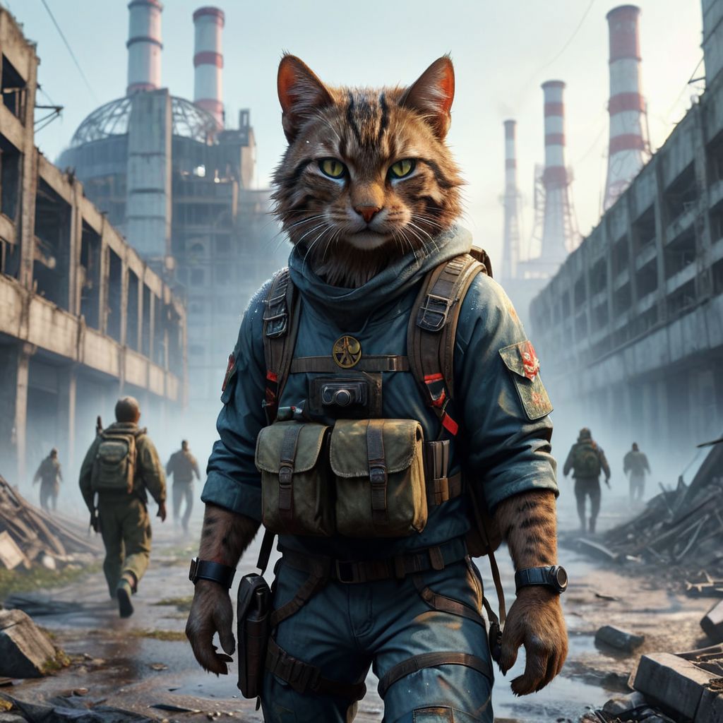 anthropomorphic stalker cat, cat in stalker clothes, backpack and weapon behind his back, located in the exclusion zone, Chernobyl, Chernobyl nuclear power plant, radiation, detailed outfit, detailed environment, realistic rendering, photorealistic, hyperdetailed. ((best quality)), ((masterpiece)), ((realistic)), ((detailed)), full-length portrait, blurred pale eyes, looking at the viewer, natural light, cinematic photo, grainy photo, noise in the photo,High dynamic range, bright, rich details, clear shadows and highlights, realistic, intense, high contrast, highly detailed,extremely detailed, depth of field, detailed fur,
Chernobyl disaster, The nuclear power plant was destroyed after the explosion , Intercontinental ballistic missile Nuclear weapon, Apocalypse,girl,  fire, minimalist short outfit, anti social , running, falling snow, cyberpunk ruined ancient city, intricate details,8k post production, cinematic color,((pose facing the camera)),film photography style, light grain<lora:skj_cinematic:0.8>