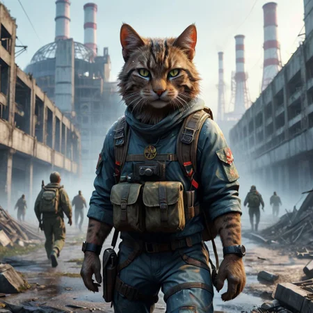 anthropomorphic stalker cat, cat in stalker clothes, backpack and weapon behind his back, located in the exclusion zone, Chernobyl, Chernobyl nuclear power plant, radiation, detailed outfit, detailed environment, realistic rendering, photorealistic, hyperdetailed. ((best quality)), ((masterpiece)), ((realistic)), ((detailed)), full-length portrait, blurred pale eyes, looking at the viewer, natural light, cinematic photo, grainy photo, noise in the photo,High dynamic range, bright, rich details, clear shadows and highlights, realistic, intense, high contrast, highly detailed,extremely detailed, depth of field, detailed fur,
Chernobyl disaster, The nuclear power plant was destroyed after the explosion , Intercontinental ballistic missile Nuclear weapon, Apocalypse,girl, fire, minimalist short outfit, anti social , running, falling snow, cyberpunk ruined ancient city, intricate details,8k post production, cinematic color,((pose facing the camera)),film photography style, light grain<lora:skj_cinematic:0.8>