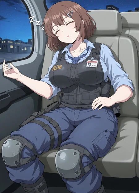 unholy-aesthetic, masterpiece, best quality, amazing quality, absurdres,
1girl, brown hair, hair ornament, large breasts, short hair, collarbone
bm_sg, blue shirt, collared shirt, necktie, blue necktie, black vest, bulletproof vest, blue pants, knee pads, holster, boots,
Sleeping, interior, motor vehicle, snoring, zzz, night,