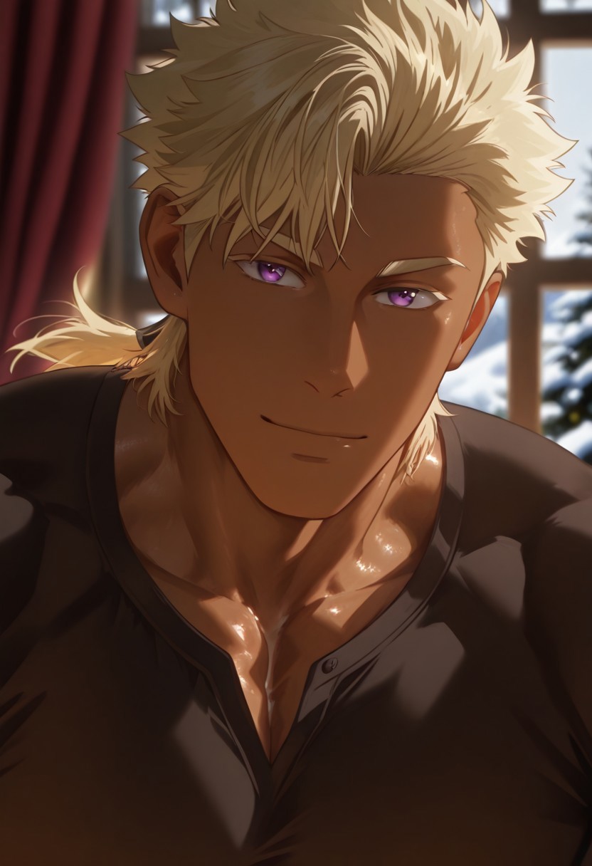 //General, masterpiece,best quality,amazing quality, source_anime, intricately detailed illustration, very aesthetic, absurdres, newest, anime coloring, subsurface scattering, , natural lighting, Expressiveh, detailed skin, shiny skin,aesthetics light, depth of field, vibrant colors,
//Fashion, black shirt, long sleeves, 
//Background, castle interior, indoors, snow background outside the window, 
//Others, 1boy, male focus, solo male, manly body, 
//Action, looking at viewer,  light smile, close up, upper body,
BREAK, 
Caious, blonde hair, purple eyes, ponytail, dark skin, muscular
