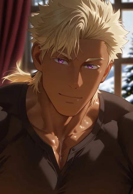 //General, masterpiece,best quality,amazing quality, source_anime, intricately detailed illustration, very aesthetic, absurdres, newest, anime coloring, subsurface scattering, , natural lighting, Expressiveh, detailed skin, shiny skin,aesthetics light, depth of field, vibrant colors,
//Fashion, black shirt, long sleeves,
//Background, castle interior, indoors, snow background outside the window,
//Others, 1boy, male focus, solo male, manly body,
//Action, looking at viewer, light smile, close up, upper body,
BREAK,
Caious, blonde hair, purple eyes, ponytail, dark skin, muscular