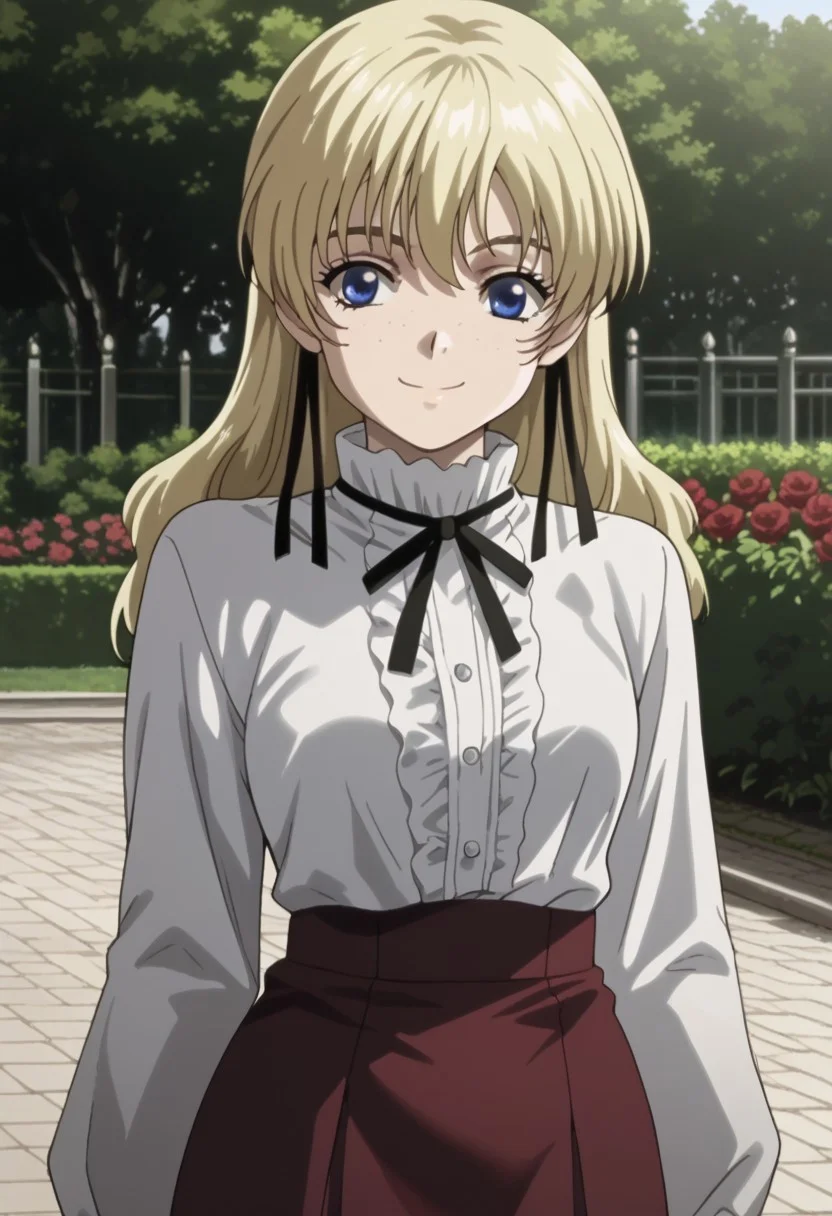 score_9, score_8_up, score_7_up, source_anime,masterpiece,best quality,highres,absurdres,official art,official style,source_anime,anime screencap,anime coloring,megami magazine,anime,animated,zPDXL2,skin highlights, (1girl,solo), Patty_Lowell, freckles, blonde hair, blue eyes, wavy hair, white blouse, burgundy pencil skirt, smile, eyes closed, sunny, garden,