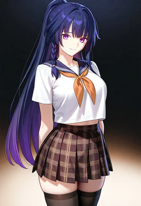 ((masterpiece, best quality, amazing quality, very aesthetic, absurdres)),
Takeuchi takashi, ((solo)), ((better eyes)), peaceful, smile, closed mouth, 1girl, (large breasts, thin waist, wide hips), (((raiden_mei_honkai_impact_3rd))), (((black hair, purple tinted hair, purple eyes))), ((long hair, bangs, side_braid, ponytail)), (((white top, orange neckerchief, short sleeves, pleated skirt, plaid skirt, brown skirt, black stockings))), no background, dark background, sideshot, cowboy shot, dark background, portrait, looking at viewer