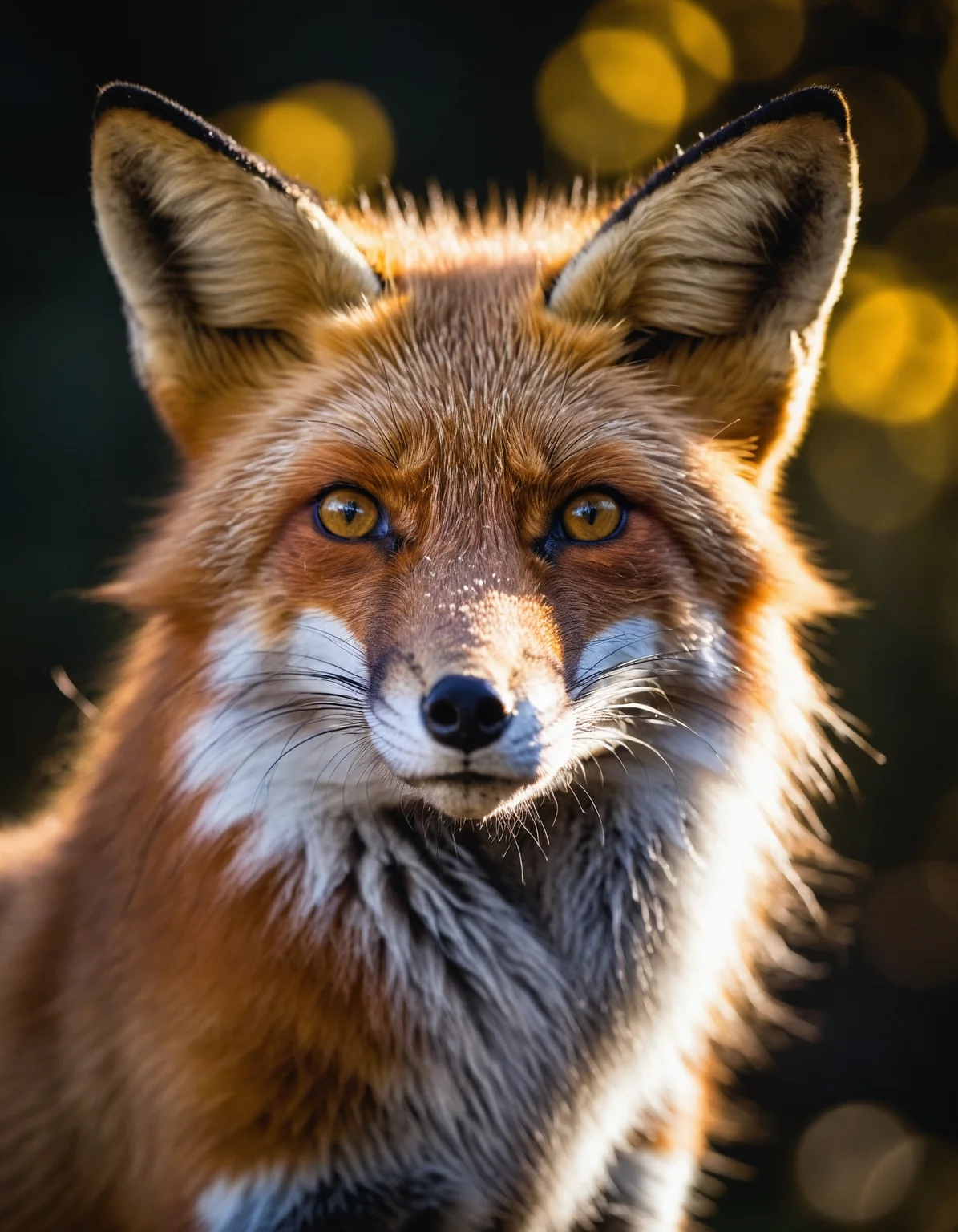 award winning photo of fox, detailed fur, perfect environment, extremely detailed, dark shot, dof, bokeh