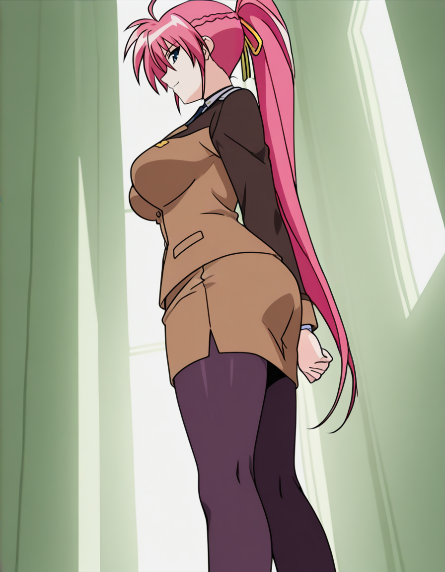 signum,military uniform,blue eyes,pink hair,ponytail,long hair,ahoge,yellow hair ribbon,necktie,pencil skirt,pantyhose,(hat:-1),
futuristic fortresses,nearfuture fortresses,hallway,corridor,day,
looking at viewer,
(from side:2.5),(from below:2),
medium large breasts,
perky breasts,explicit,hair between eyes,best quality,very aesthetic,absurdres,16k,intricate detail,amazing quality,(bold:3.12),thick outline,black outline,harsh lines,soft lines,deluster,boldline,curvy,light smile,slim,
(anime screencap),(anime coloring:1.2), animated painting, animated gif,2d cel anime,anime cap,anime,anime style,anime cel,Cel shading,cel shaded,soft brightness,perfect face,perfect nose, perfect hair, perfect eyes,perfect female body,perfect skin,a face of perfect proportion,perfect lighting,perfect anatomy,perfect proportion,perfect hands,perfect legs,perfect fingers,masterpiece,super fine illustration,detailed linework,vibrant colors,kawaii,flat color,
 <lora:é­æ³å°å¥³ãªãªã«ã«ãªã®ã¯ã·ã°ãã illustriousMagical_Girl_Lyrical_NANOHASignumillustrious:1:0.8>