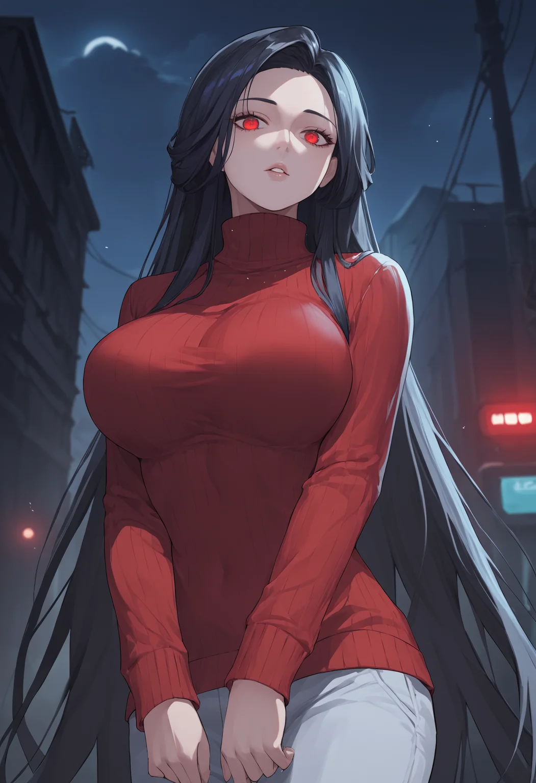 score_9, score_8_up, score_7_up, source_anime BREAK 1girl, solo, <lora:maiden-nikke-richy-v1_pdxl:1> mdnrnd, red eyes, black hair, very long hair, large breasts, turtleneck sweater, red sweater, outdoors, dark, darkness, night, night sky, black background, looking at viewer, parted lips, science fiction, post-apocalypse,